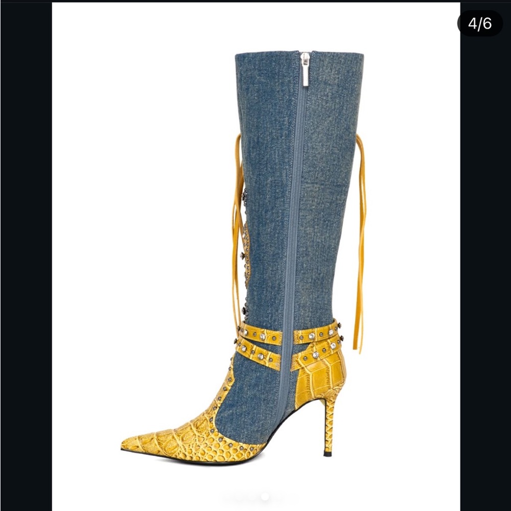 Yello Tokyo - Edgy Yellow Croc Fringe Studded Crystal Y2K Denim Heeled Boots - Picture 4 of 5